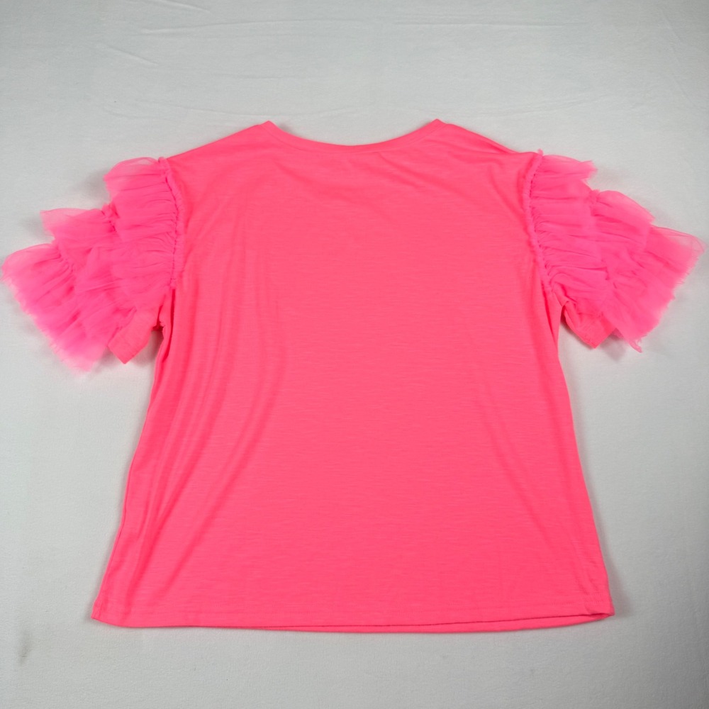 BIBI Tulle Ruffle Sleeve Top Large Neon Pink Barbiecore Y2K Statement Tee - Picture 5 of 7